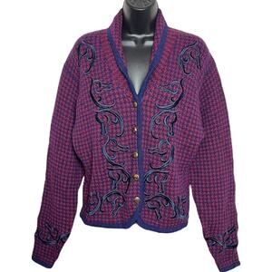 Vintage Millers Shetland Wool Sweater 1980s 1990s Embroidered Houndstooth Size M